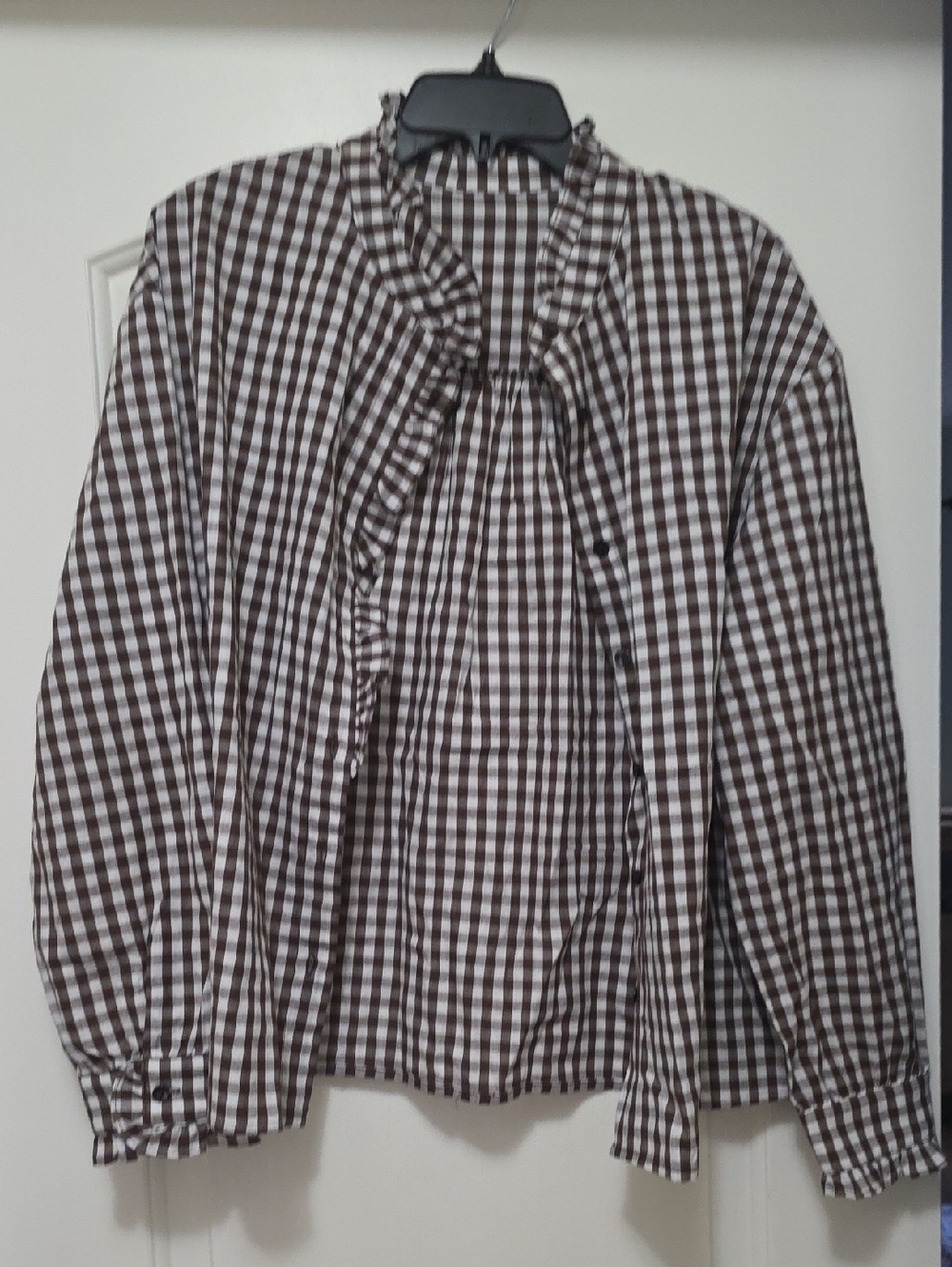 Gingham Ruffle Neck Blouse - Brown & White